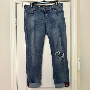 Kut boyfriend style jeans with ribbon and bees on the cuffs
